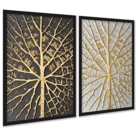 Kit 2 Quadros Árvores Raízes Preto Branco Dourado 45x34cm - com Vidro:moldura Branca