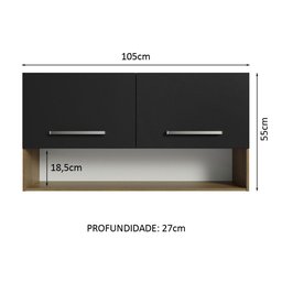 Armário Aéreo Cozinha 105cm 2 Portas 1 Nicho Rustic/Preto Emilly Madesa - 3