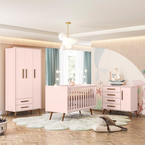 Quarto de Bebê Completo Qencanto Retrô Qmovi Rosa com Colchão Gazin