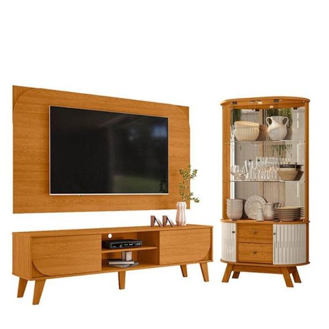 Rack Bancada e Painel para Tv Duna Cinamomo com Cristaleira Moss Cinamomo Off White - Madetec