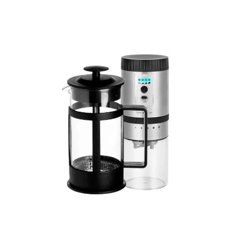 Kit Cafeteira Prensa Francesa de Vidro e Plástico 600ml e Moedor de Café Elétrico Inox e Vidro Recar