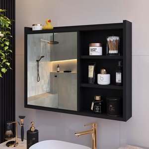 Espelheira de Banheiro Armário Suspenso 1 Porta com Prateleira Organizador Luxo - Preto