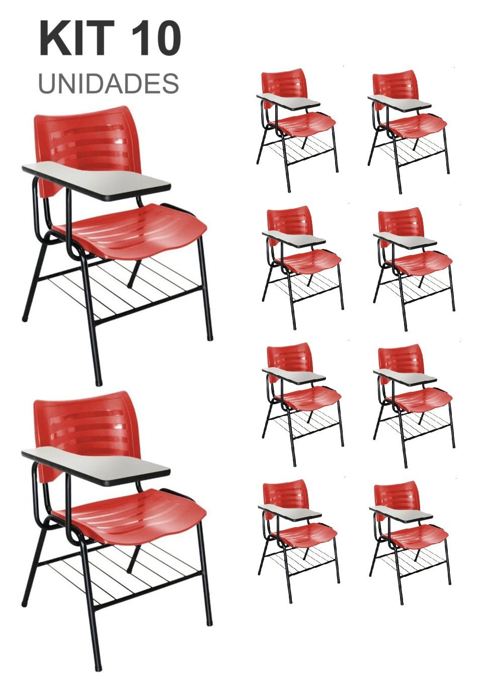 KIT 10 Cadeiras Universitárias Vermelho com porta livros - Mastcmol - 2