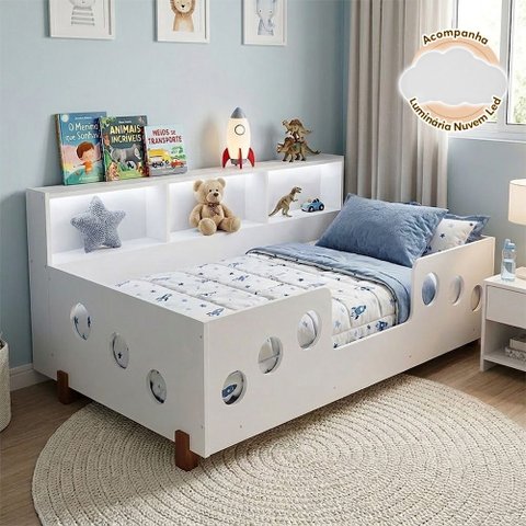 Cama de Criança Infantil Montessoriana LED Lanna com Nicho Branco Acompanha Luminária LED