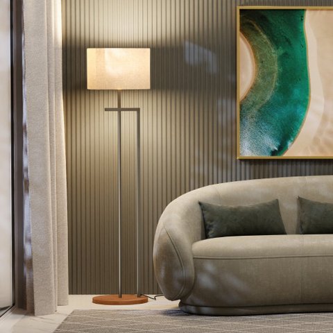 Luminária Indústrial de Chão Salone Champanhe com Cúpula Palha Unidecor