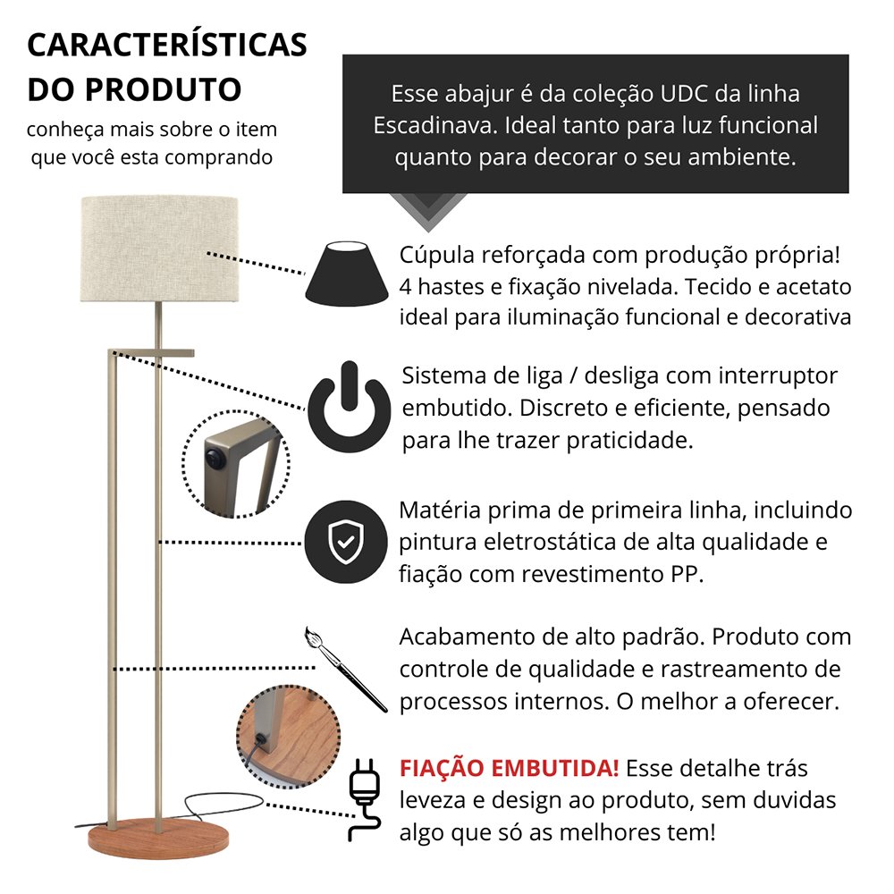 Luminária Indústrial de Chão Salone Champanhe com Cúpula Palha Unidecor - 4