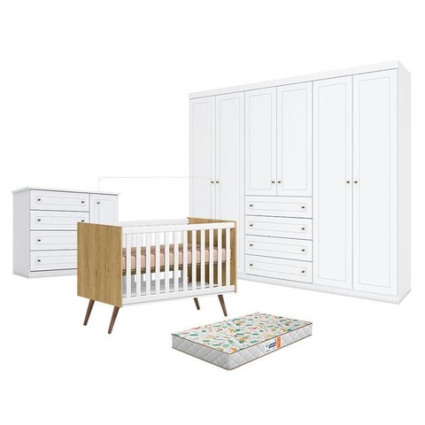 Quarto de Bebê Americano 6 Portas Com berço Americano Q Encanto 3820 Retrô Freijó Toq Branco Acetina