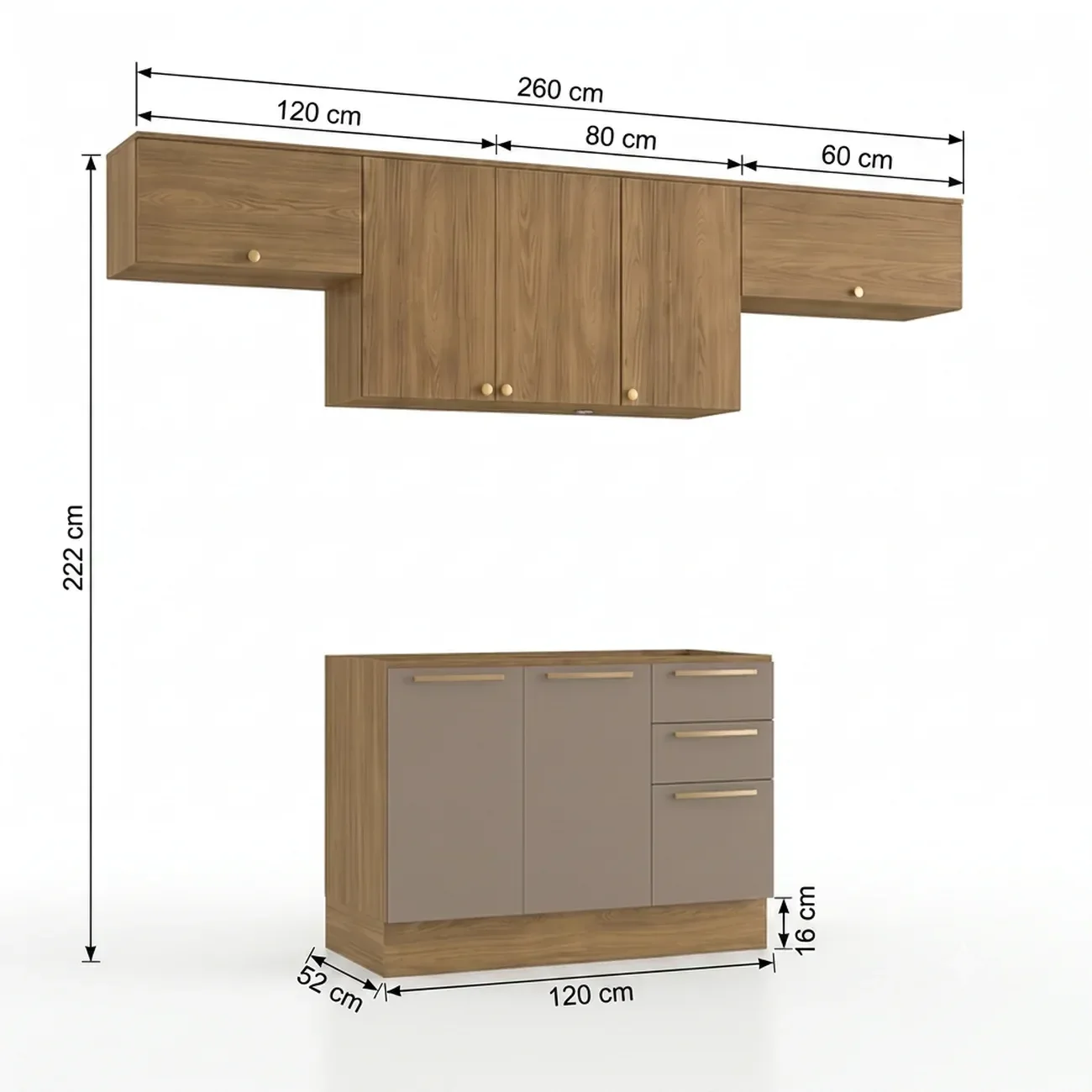Ver imagem 3 de Cozinha Compacta Modulada 4 Peças com Balcão para Pia sem Tampo 260 x 222cm Botanic Nogueira/Fendi Cinza