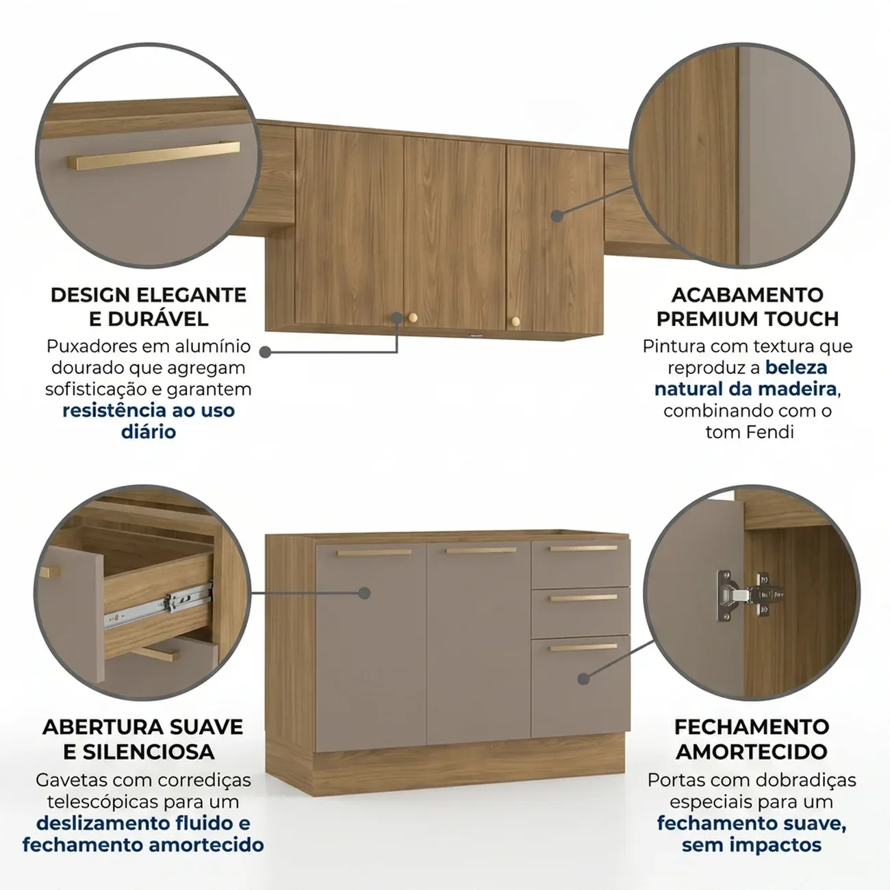Ver imagem 5 de Cozinha Compacta Modulada 4 Peças com Balcão para Pia sem Tampo 260 x 222cm Botanic Nogueira/Fendi Cinza