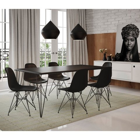 Conjunto De Mesa Eames Clips De Ferro Preto Tampo Preto 135x75 6 Cadeiras Ferro Preta Assento Preto
