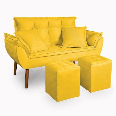 Kit Poltrona Decorativa Namoradeira 2 Puffs Quadrado e 2 Almofadas Suede - Lm Decor Amarelo