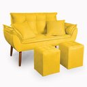 Ver imagem 1 de Kit Poltrona Decorativa Namoradeira 2 Puffs Quadrado e 2 Almofadas Suede - Lm Decor Amarelo