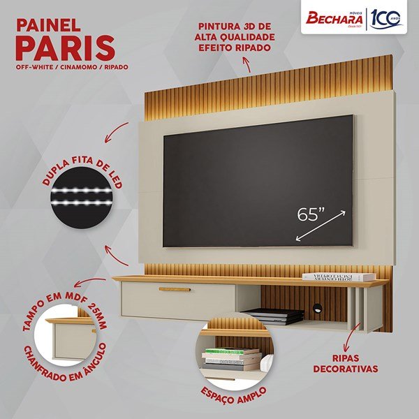 Painel Sala Paris para Tv Até 65 Polegadas com 2 Fitas Led - 3