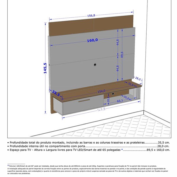 Painel Sala Paris para Tv Até 65 Polegadas com 2 Fitas Led - 4