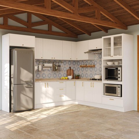 Cozinha Modulada 12 Peças com Tampo e Cristaleira e Kit Lat Marselha CabeCasa MadeiraOriginals Branco