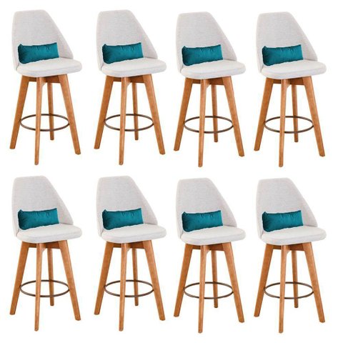 Kit 08 Banquetas Linho Bege e Almofada Suede Azul Turquesa
