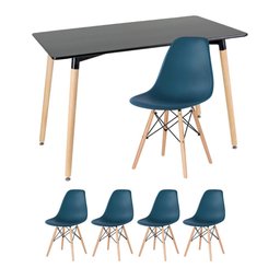 KIT - Mesa retangular Eames 60 x 120 cm preto + 4 cadeiras Eiffel DSW Azul petróleo - 1