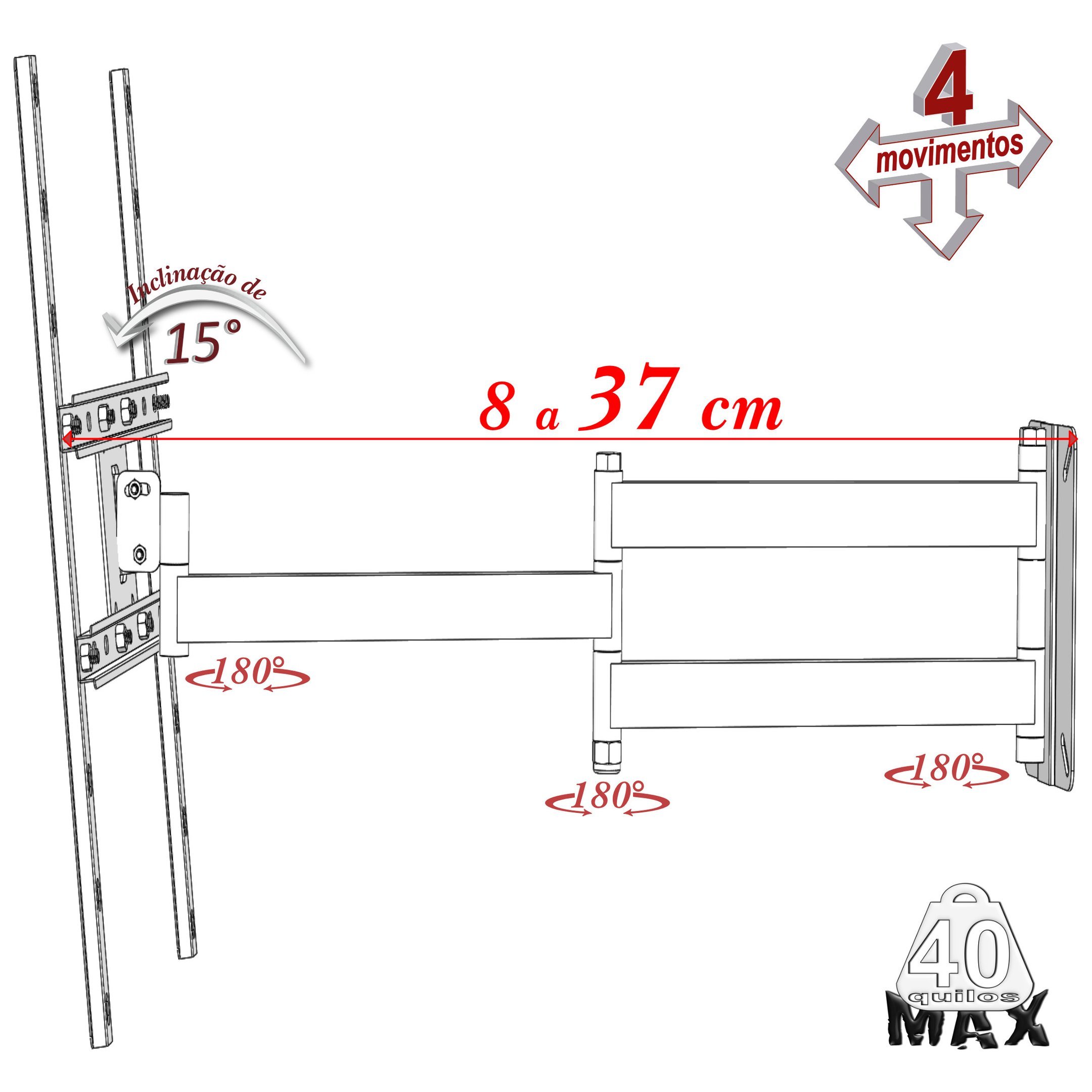 SUPORTE TV 10" a 65" VESA 600X400 4 MOVIMENTOS PRETO - 7