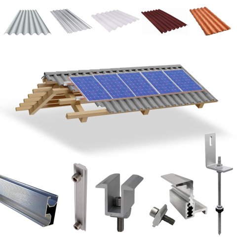Kit Estrutura Fixador Linha C 1,20m para 05 Placas Solar Alumínio Inox Telha Fibro Ondulada Viga Mad