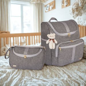 Kit Bolsa Maternidade Mochila 2 em 1 e Bolsa Pequena Infantil Luxo Amor:cinza