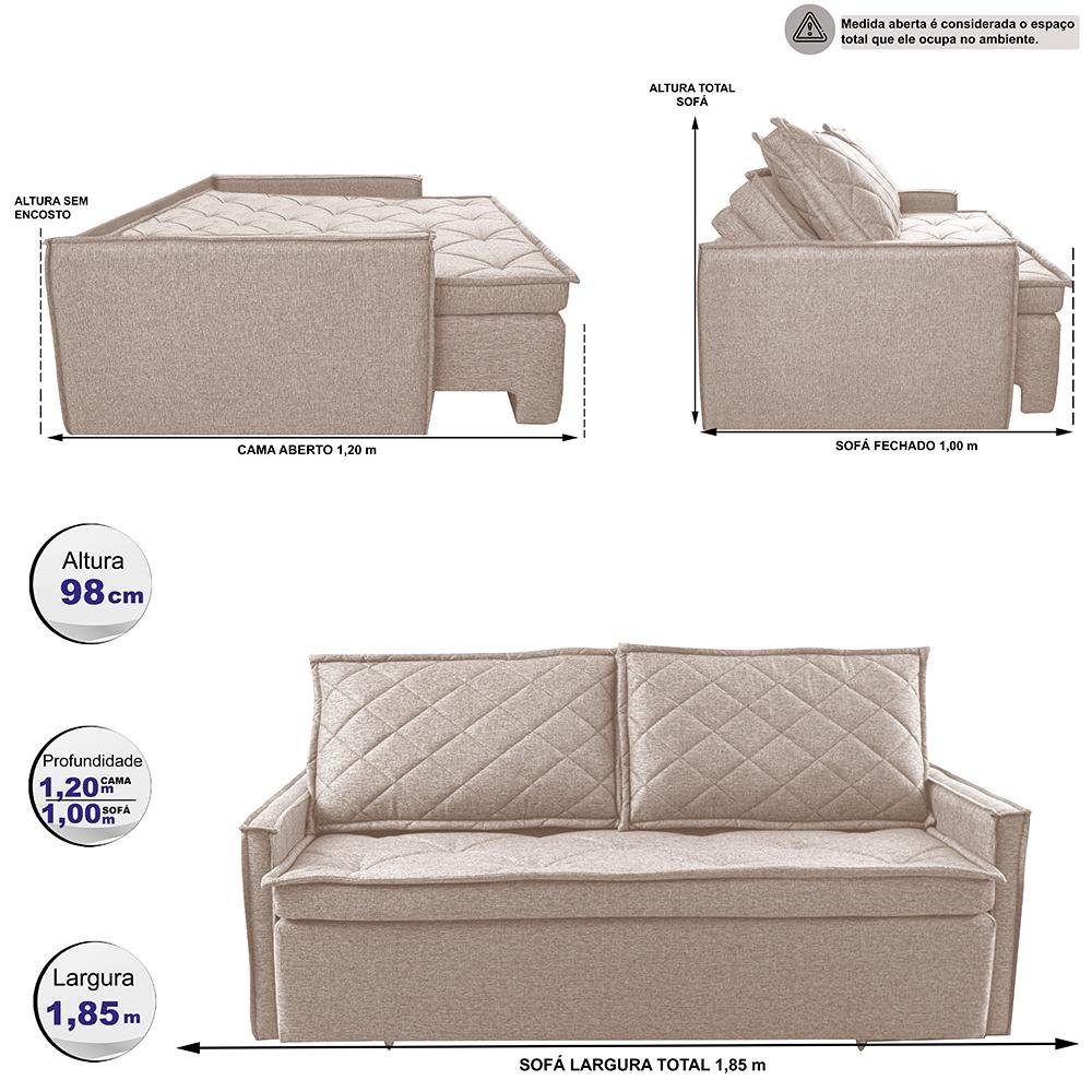 Sofá Sem Caixa Retrátil e Reclinável 1,85m Cama inBox Loft Linho Bege Claro - 2