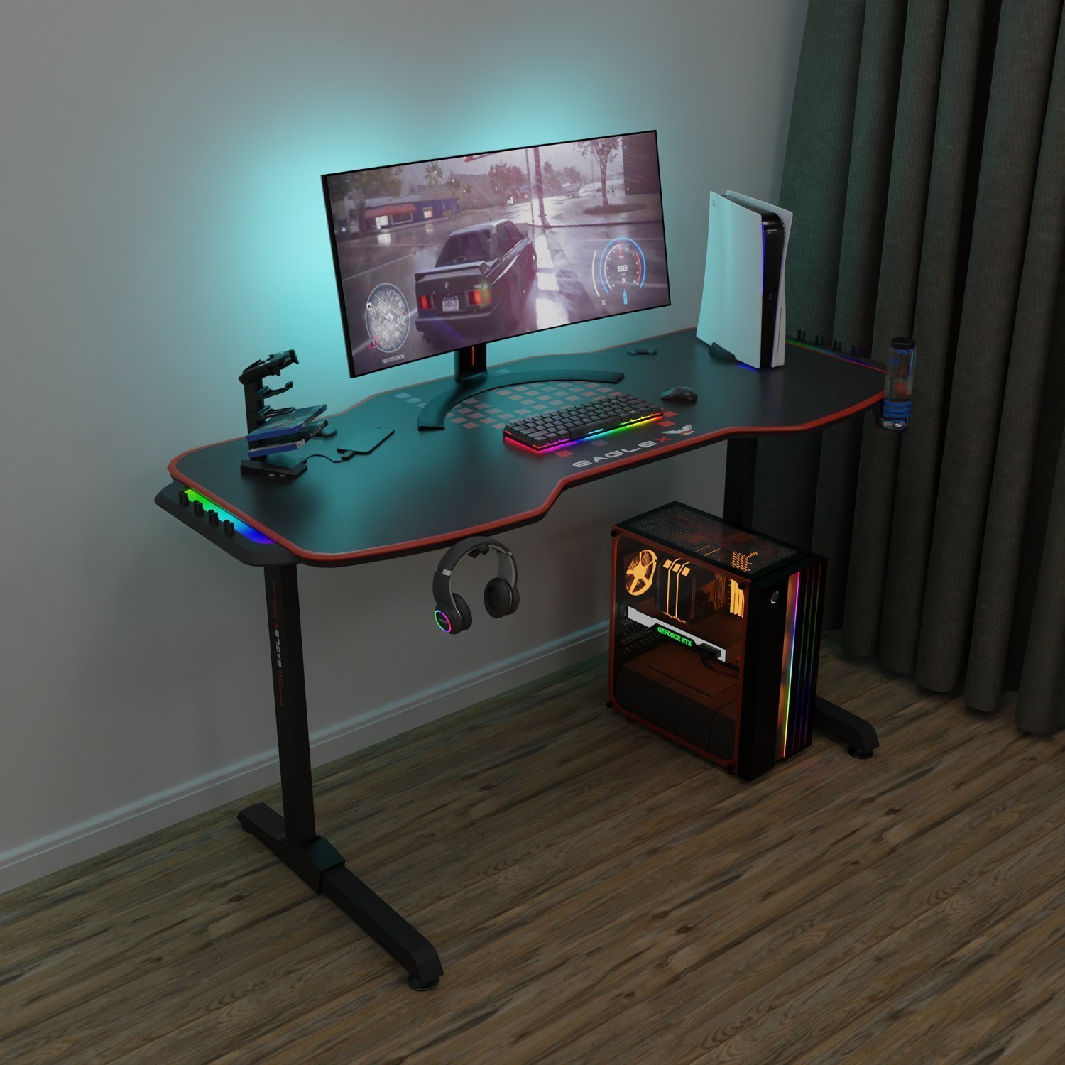 Mesa Gamer com LED RGB Series T Futura Import Preto/Vermelho 76 cm x 140 cm x 66 cm