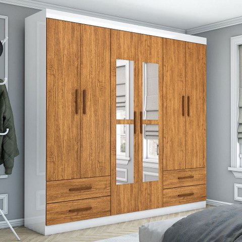 Guarda-roupa Casal Genova 6 Portas 4 Gavetas com Espelho Branco/cinamomo - Carioca Móveis
