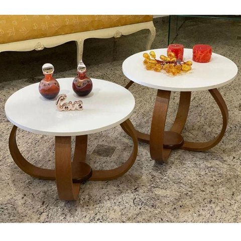 Conjunto Mesa de Centro e Lateral Pés Cebola Branco Branco