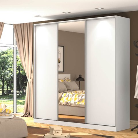 Guarda Roupa 220cm 3 Portas 1 Espelho 100% Mdf Branco