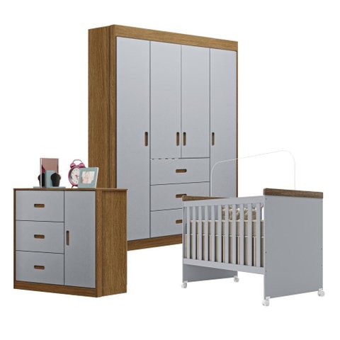 Jogo de Quarto Infantil Livia com Berço Mini Cama Cômoda e Roupeiro Canaã