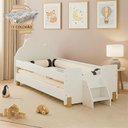 Ver imagem 1 de Cama Lorena Montessoriana com Colchão Cabeceira Nuvem Escadinha Proteção Lateral Juvenil - Branco