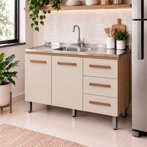 Balcão 120cm Bianca 02 Portas e 03 Gavetas com Pia e Cuba Ghelplus Savana Off White Moblis