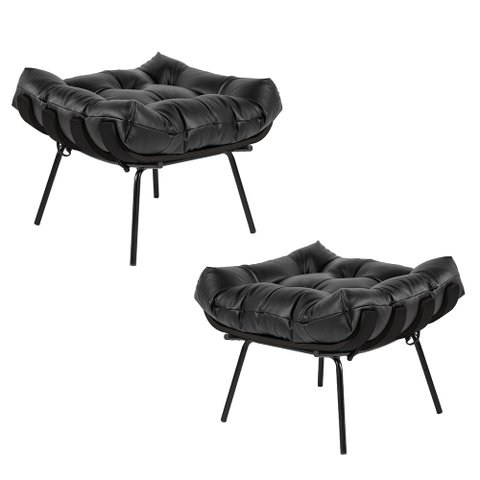 Kit 2 Puff Decorativo Sala de Estar Costela Base Preta Couro Preto - Gran Belo