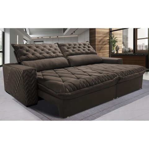 Sofá Retrátil e Reclinável 2.95m Molas Ensacadas Cama inBox Spazus com Bordado 3D Velusoft Café