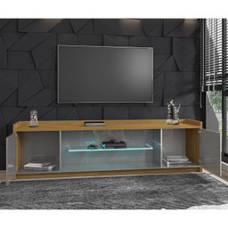 Rack para TV até 82 Polegadas Prateleira de Vidro com Fita LED 2 Portas Doha Móveis Bechara - 8