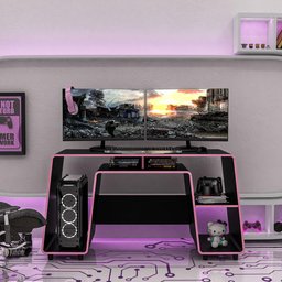 Mesa Escrivaninha Gamer London com 3 Nichos - Preto/Rosa - 1