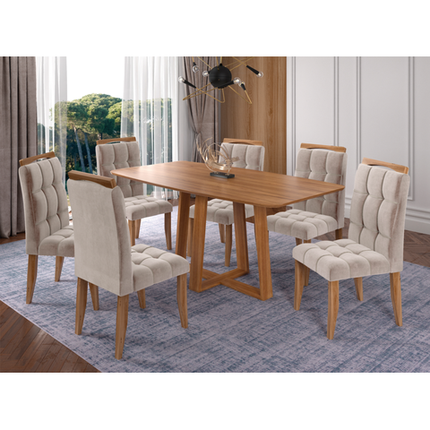 Sala de Jantar Istambul 180cm Barril s/Vidro com 6 Cadeiras Madeira Maciça Londres Cinamomo Veludo a