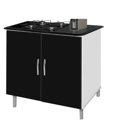 Balcão Gabinete para Cooktop de 4 Bocas Luan. 02 Portas Cor Branco Brilho Preto Marmorizado Passe