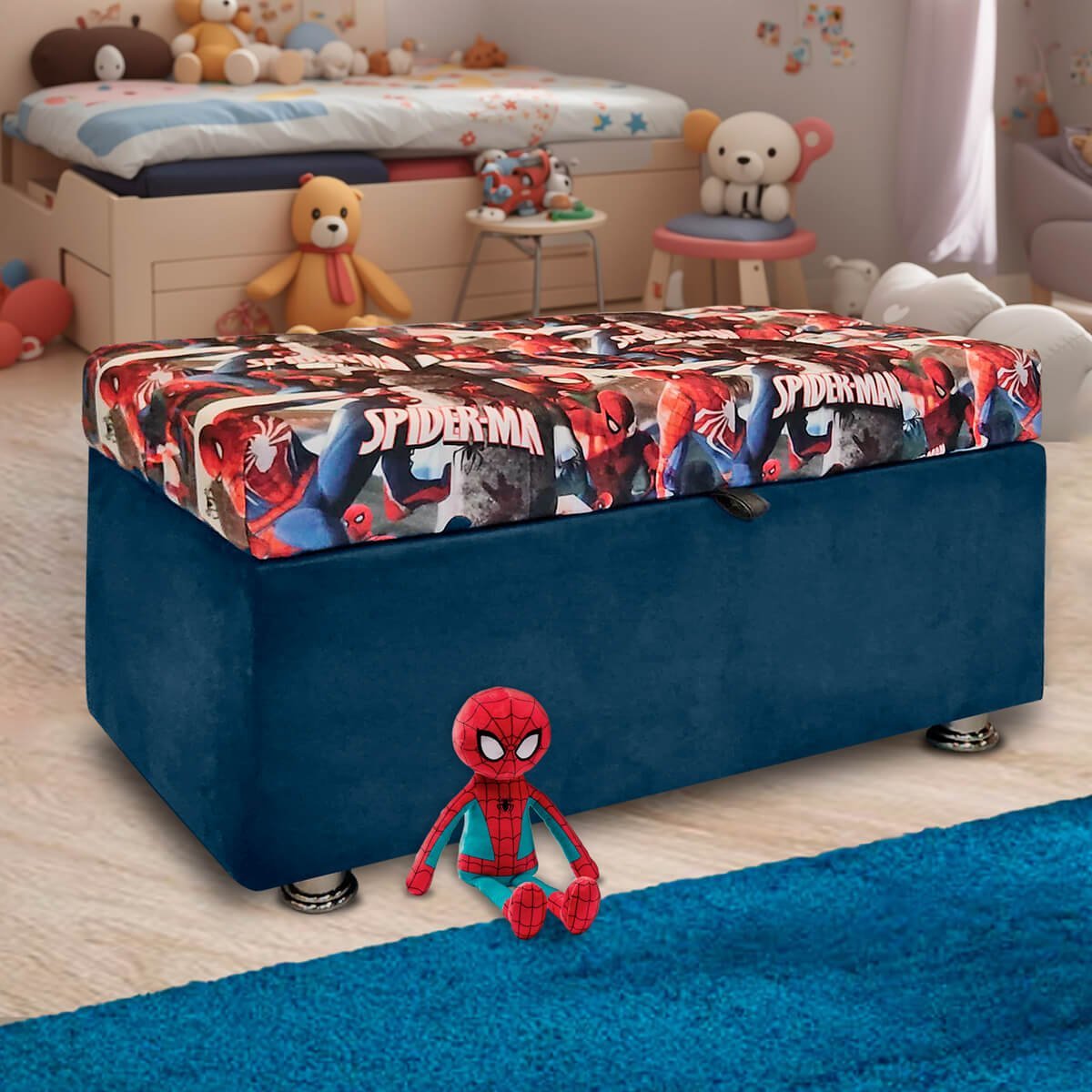 Baú Organizador de Brinquedos Estofado Quarto de Bebê Spider Man SOFA STORE