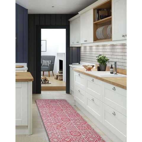 Tapete Passadeira Emborrachada Pvc Antiderrapante 0,65x3,00m Azulejo Vermelho Branco