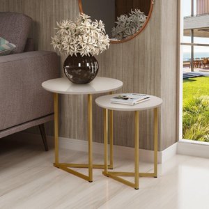 Conjunto de Mesa de Apoio Jade Sala Estar Pé de Aço Dourado
