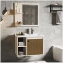 Ver imagem 2 de Conjunto Gabinete com Espelheira e Cuba para Banheiro Adonis 60cm Pérola com Adesivo Ripado - Oferta