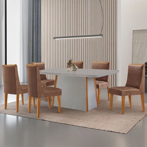 Mesa de Jantar Diane 180cm Tampo Mdf Vidro com 6 Cadeiras Lisboa Moderna Mobília