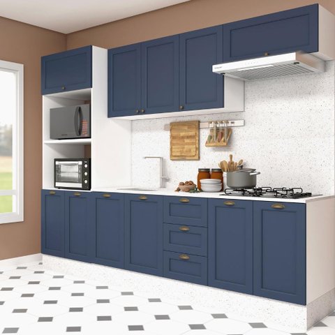 Cozinha Modulada Aurora Completa 260cm Clássica Provençal Cor:branco com Azul