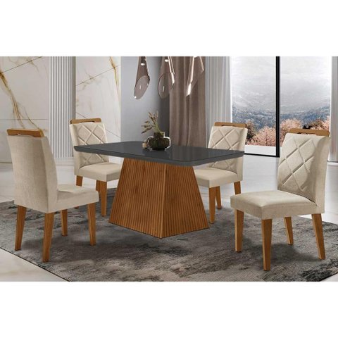 Sala de Jantar Completa Luna Tampo Madeirado C/ Vidro Curvo 120x80 e 4 Cadeiras Melissa Imbuia -