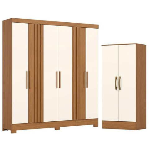 Guarda Roupa Casal 6 Portas 3 Gavetas Francês com Armário Multiuso Prime Cinamomo Off White- Henn Br