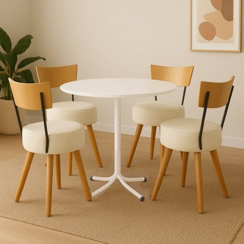 Mesa de Jantar Redonda 80cm Branca com 4 Cadeiras Estofada Off-white com Encosto Madeira Urban
