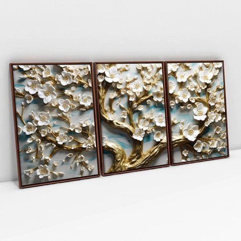 Kit Quadro Decorativo 3 Telas Canvas Arvore Floral Tacolado Moldura Flutuante 4,5cm Madeira 40 X 60c