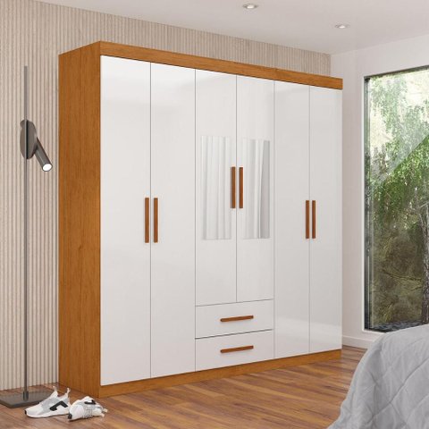 Guarda-Roupa Solteiro com Espelhos 6 Portas e 2 Gavetas 153cm Multimóveis CR35569 Madeirado/Branco