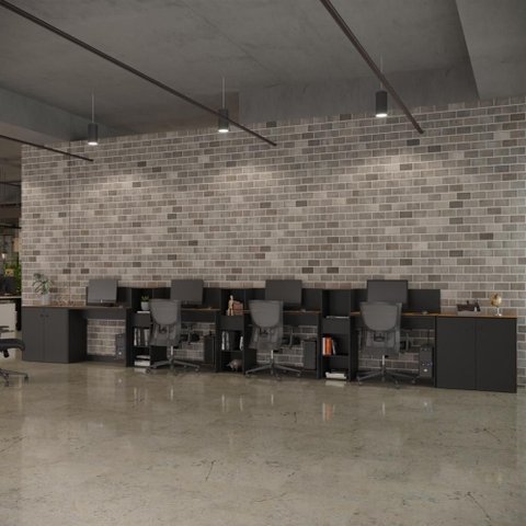 Conjunto de Escritório Noruega 3 Livreiro 2 Buffet e 4 Mesas 90cm - Via Nossa - Preto e Cedro